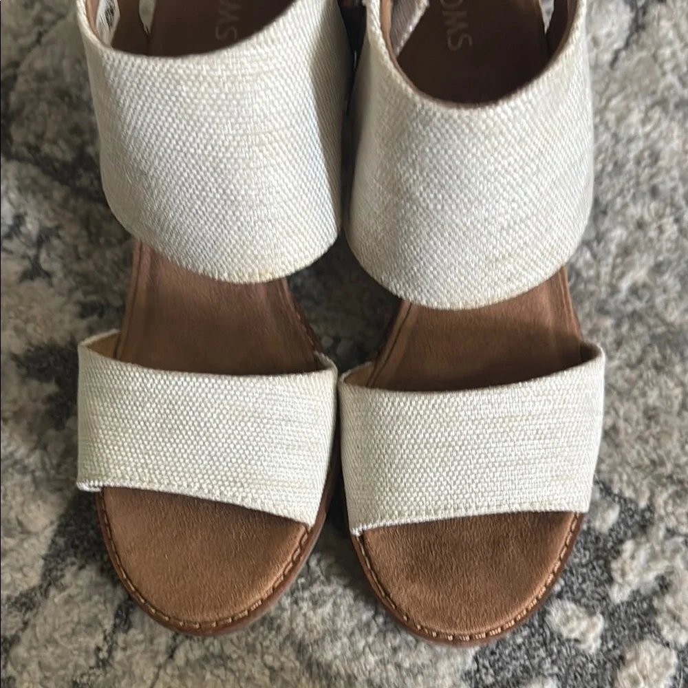 Toms Cream Linen Block Heel Sandals